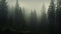 Mysterious Dense Forest Shrouded in Early Morning Fog with Towering Trees Reaching Skyward Royalty Free Stock Photo