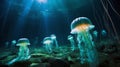 Bioluminescent jellyfish illuminating the depths of the ocean