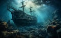 Under water with rusty broken ships of pirates