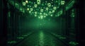 Mysterious digital corridor illuminated by floating glowing binary code orbs Royalty Free Stock Photo
