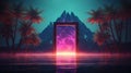 Mysterious door or portal with neon light in the jungle in synthwave style. Royalty Free Stock Photo