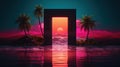 Mysterious door or portal with neon light in the jungle in synthwave style. Royalty Free Stock Photo