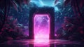 Mysterious door or portal with neon light in the jungle in synthwave style. Royalty Free Stock Photo