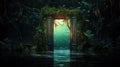 Mysterious door or portal with neon light in the jungle in synthwave style. Royalty Free Stock Photo