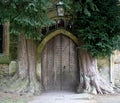 A mysterious door set beside 2 trees on the building of a church in Stow on the Wold in Gloucestershire in the UK