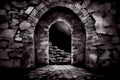 Mysterious doorway at night. Black and white toned image. Generative AI Royalty Free Stock Photo