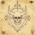 Mysterious drawing: horned skull, sacred geometry, space symbols.