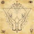 Mysterious drawing: human hands hold a magic circle, sacred geometry. Space symbols. Royalty Free Stock Photo