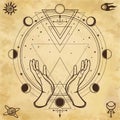 Mysterious drawing: human hands hold a magic circle, sacred geometry. Space symbols. Royalty Free Stock Photo