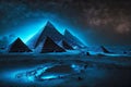 mysterious egyptian pyramids illuminated by beaful blue light