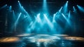 Mysterious empty stage with dramatic blue lights and smoke spotlight on the shiny floor ready for performance or presentation in Royalty Free Stock Photo
