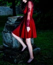 Mysterious and Enchanting: A Captivating Gothic Tale of a Slender Woman in a Red Dress Royalty Free Stock Photo