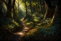 A mysterious and enchanting portrayal of a lost black trail in a dense forest, the perfect lighting