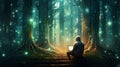 Mysterious environmental hacktivist with laptop sits amidst forest and writing code