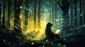 Mysterious environmental hacktivist with laptop sits amidst forest and writing code