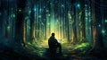 Mysterious environmental hacktivist with laptop sits amidst forest and writing code