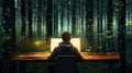 Mysterious environmental hacktivist sitts at computer at desk amidst forest