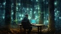 Mysterious environmental hacktivist sitts at computer at desk amidst forest