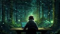 Mysterious environmental hacktivist sitts at computer at desk amidst forest