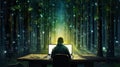 Mysterious environmental hacktivist sitts at computer at desk amidst forest