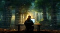 Mysterious environmental hacktivist sitts at computer at desk amidst forest