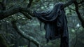 Mysterious fabric draped over a tree branch in a foggy forest Royalty Free Stock Photo