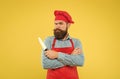 Mysterious face handsome bearded cook hold sharp professional knife