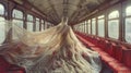 Mysterious female fashion figures on night train in decadent, swirling, and unruly style