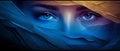 Mysterious female gaze with abstract texture. Blue yellow azure purple gradient background