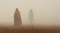 Mysterious Figure In Brown Hat Walking Through Foggy Field