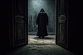 Mysterious Cloaked Figure Standing at the Door. Generative AI