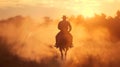 A mysterious figure in a cowboy hat riding into the hazy dawn on a dusty trail