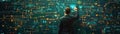 Mysterious figure deciphers intricate codes on a dimly lit chalkboard, unraveling a complex enigma