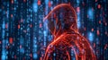 Mysterious figure in a digital landscape with cascading binary code and glowing elements in a dark environment Royalty Free Stock Photo