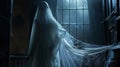 A mysterious figure draped in a translucent white sheet stands in front of an open