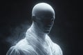 Mysterious figure enveloped in ethereal fog standing in dim light with a smooth, featureless head and clothed in