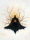Mysterious Figure with Glowing Heart An intriguing figure enveloped in darkness surrounded by twisted branches emanating a Royalty Free Stock Photo