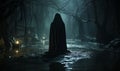 Mysterious Figure in Hooded Cloak in Dark Forest Royalty Free Stock Photo