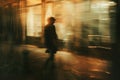 A mysterious figure moves with purpose along a bustling city street, their presence blurred like a fleeting dream amidst