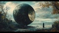A mysterious figure near a massive spherical structure