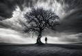mysterious figure in silhouette stood under a bare twisted tree in a dark cloudy landscape Royalty Free Stock Photo