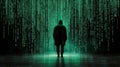 mysterious figure stands in dark space, surrounded by cascading green binary code, symbolizing digital world and Royalty Free Stock Photo