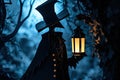 A mysterious figure in a top hat and cloak, holding a vintage lantern in the dark Royalty Free Stock Photo