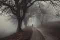 Mysterious figure walking on foggy rural road. Moody landscape with autumn leaves