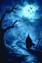 Mysterious Figure Walking on a Moonlit Forest Path with Creepy Trees and Mist