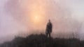 A mysterious figure wearing a long coat, with back to camera, standing in a field. looking at the sun. With an artistic, blurred,