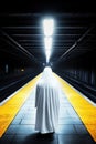 Mysterious figure in white cloak standing alone on subway platform at night Royalty Free Stock Photo