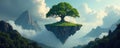 Mysterious floating island with ancient grove , clouds, mist, color