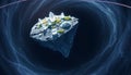 Mysterious floating island in deep space, covered in luminescent crystals, hovering above a black hole with streaks of light