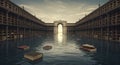 Mysterious flooded library under a starry expanse Royalty Free Stock Photo
